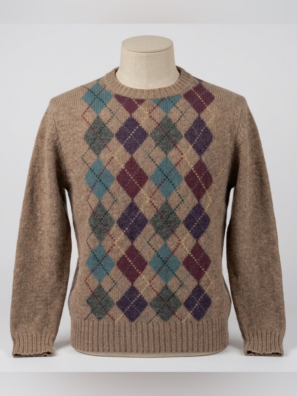 Vintage Sears Shetland Wool Argyle Sweater Mens L Brown Beige Crewneck Knit 80s